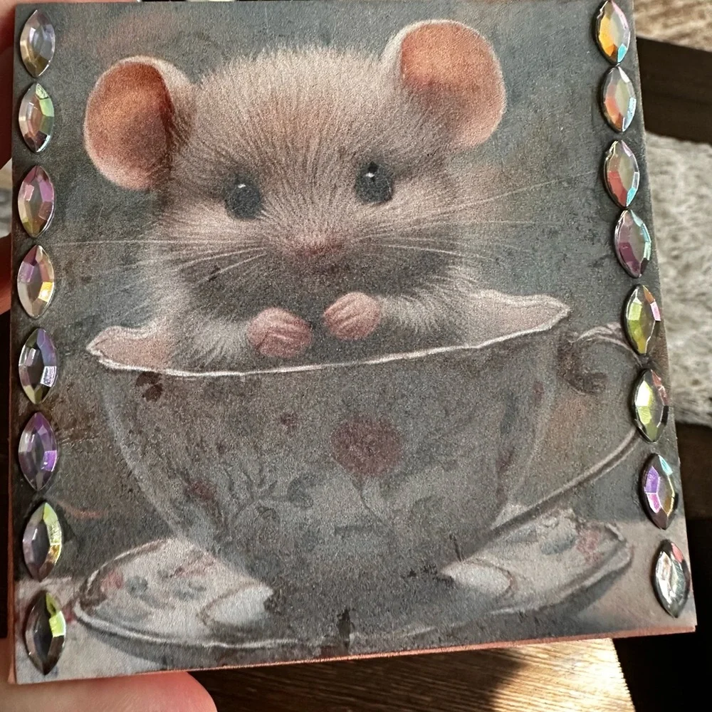 Hand crafted Mouse in Teacup Decorative wooden trinket box